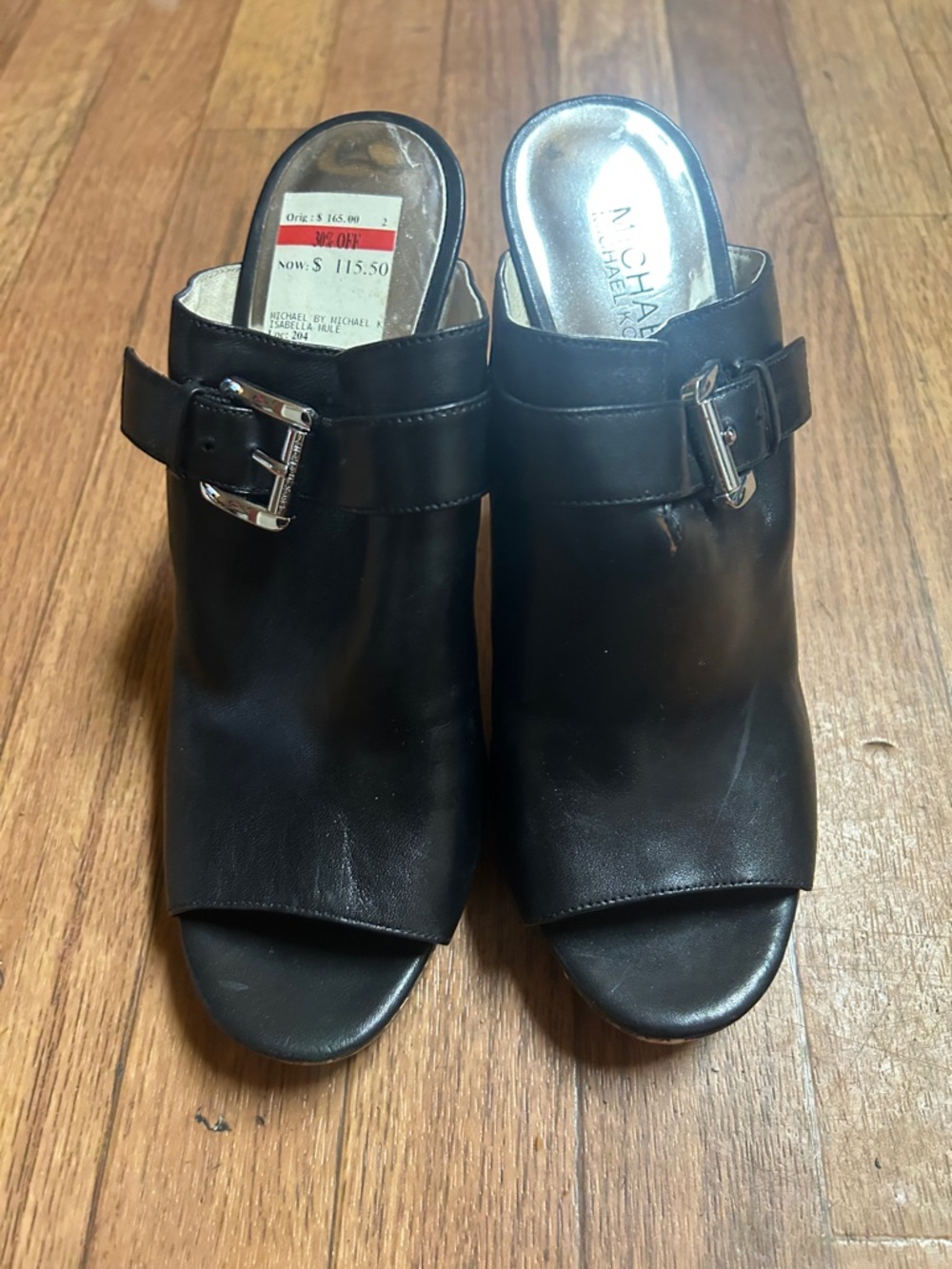 Michael Black Leather Buckle Mule Sandals - Picture 3 of 7
